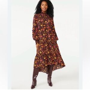 Scoop Floral Boho Brown Pink Hippie Modest Tiered Smocked Maxi Midi Dress Large
